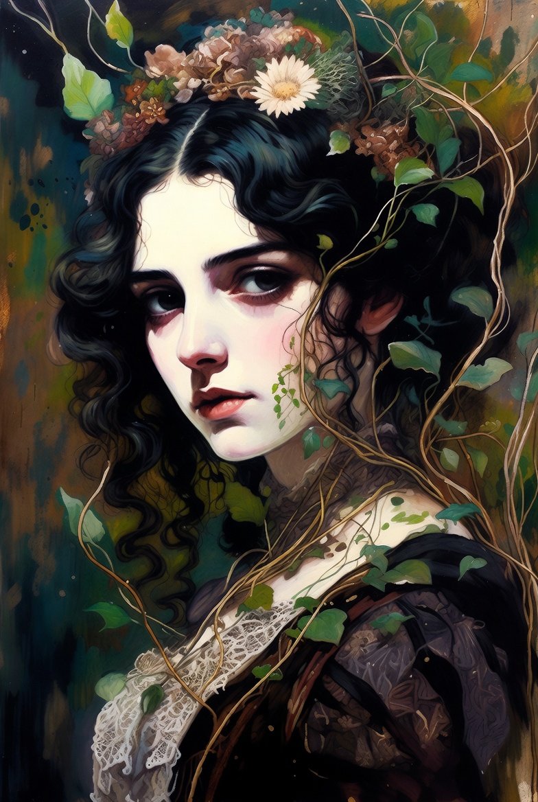 VINE — an oil portrait of a pale woman crowned with flowers and wreathed in ivy